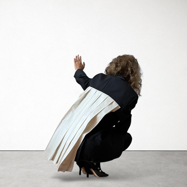 Reworked blazer with white pleated back appliqué