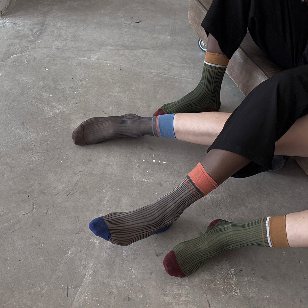 Color Block Brown Blue Thin Socks