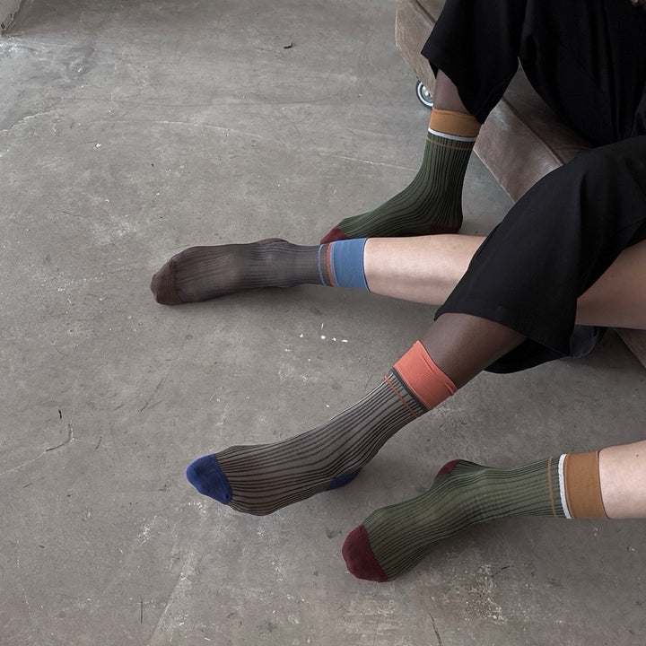 Color Block Brown Blue Thin Socks