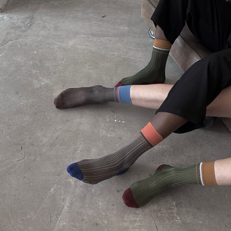 Color Block Brown Blue Thin Socks