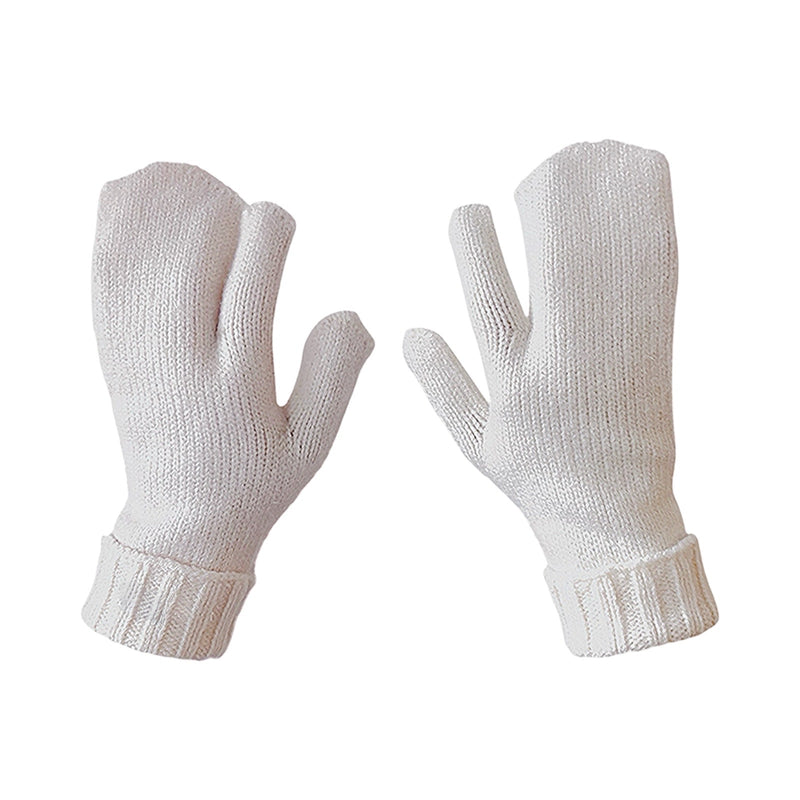 Beige Soft Two Finger Knitted Mitten Gloves