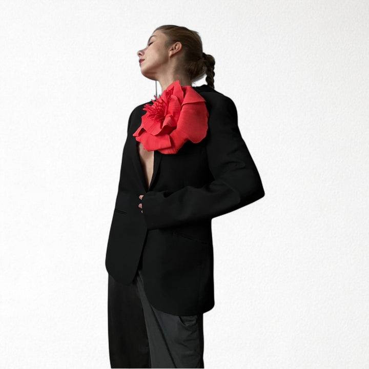 Reworked men's blazer with red flower pin