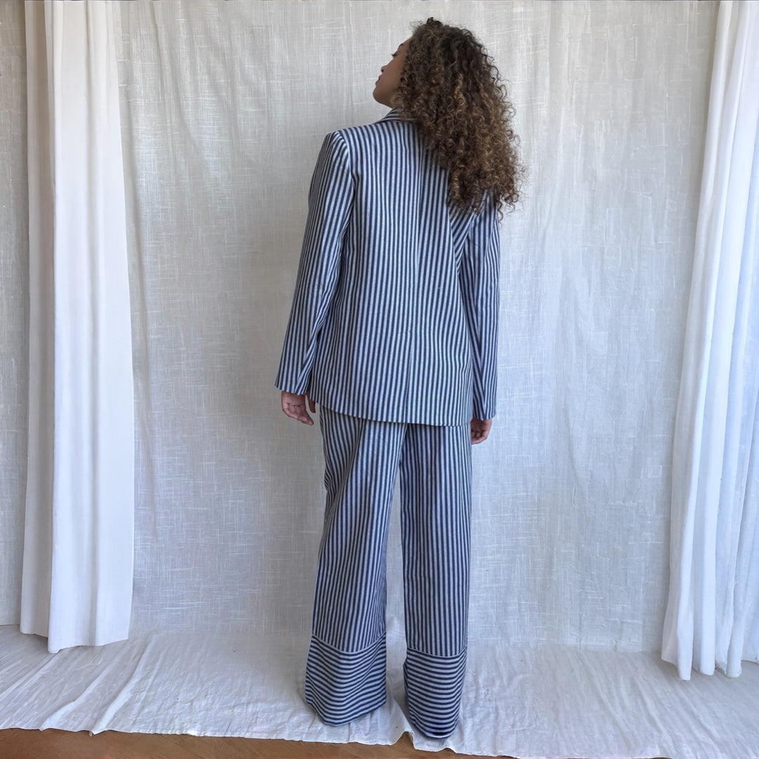 Blue White Striped Blazer Trousers Corset And Tote Bag Four Piece Set