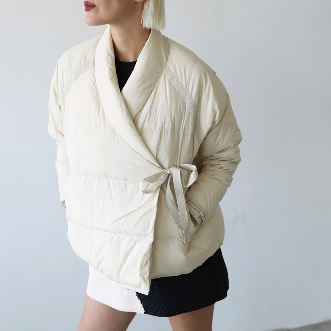 Beige Quilted Wrap Down Jacket