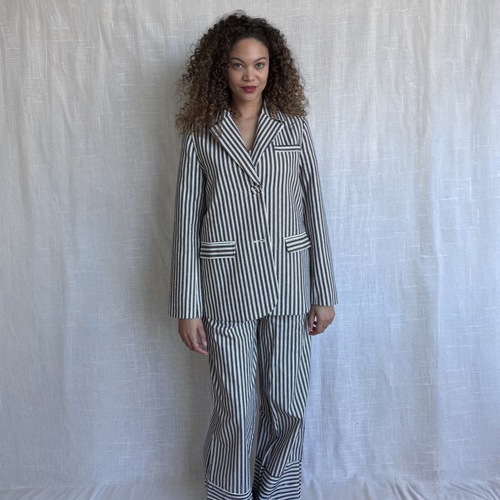 Black White Striped Blazer Trousers Corset And Tote Bag Four Piece Set