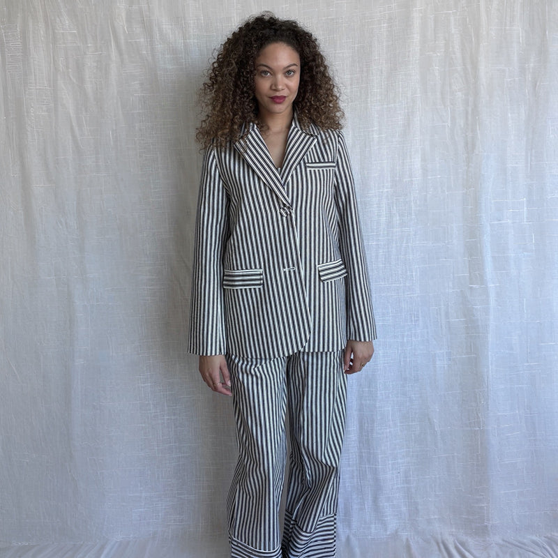 Black White Striped Blazer Trousers Corset And Tote Bag Four Piece Set