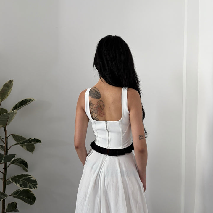 White Rib Knit Corset Top With Ruffle
