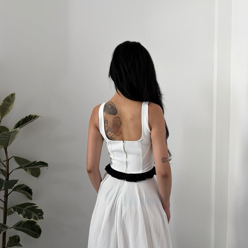 White Rib Knit Corset Top With Ruffle