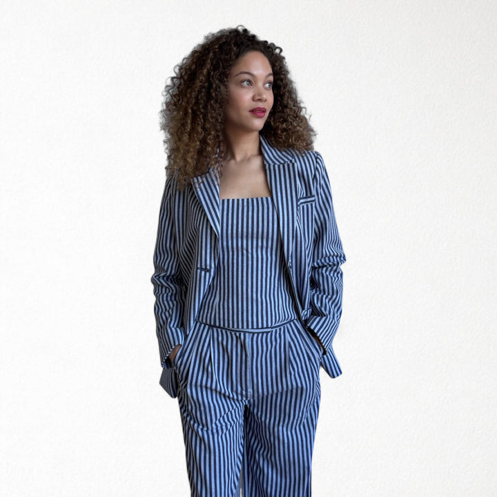 Blue White Striped Blazer Trousers Corset And Tote Bag Four Piece Set