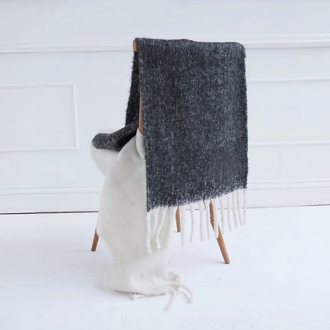 Wool Blend Grey Beige Two Tone Large Shawl