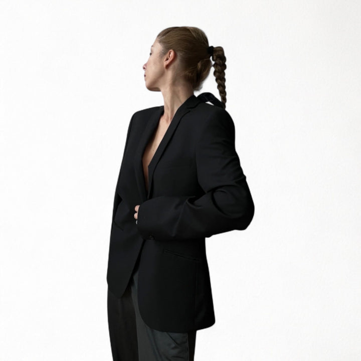 Reworked black blazer with open back and black bows