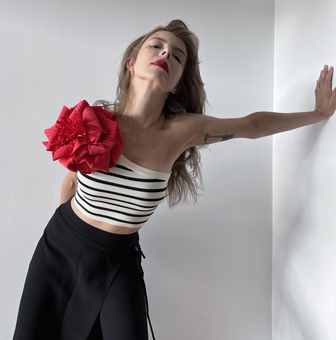 Striped one shoulder crop top with red flower pin