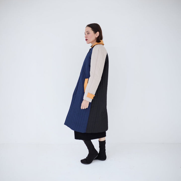 Navy Orange Patchwork Colour Block Quilt Long Jacket