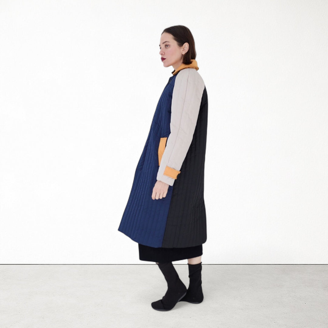 Navy Orange Patchwork Colour Block Quilt Long Jacket
