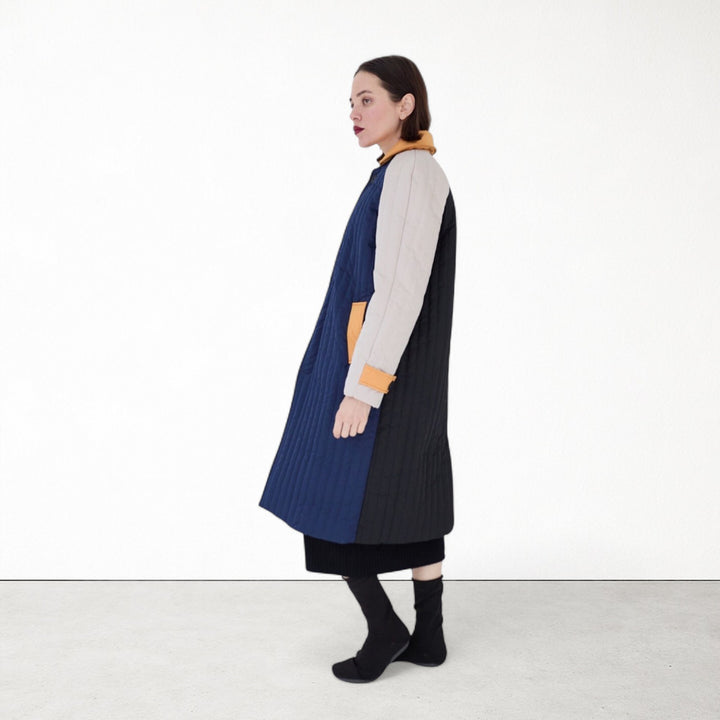 Navy Orange Patchwork Colour Block Quilt Long Jacket