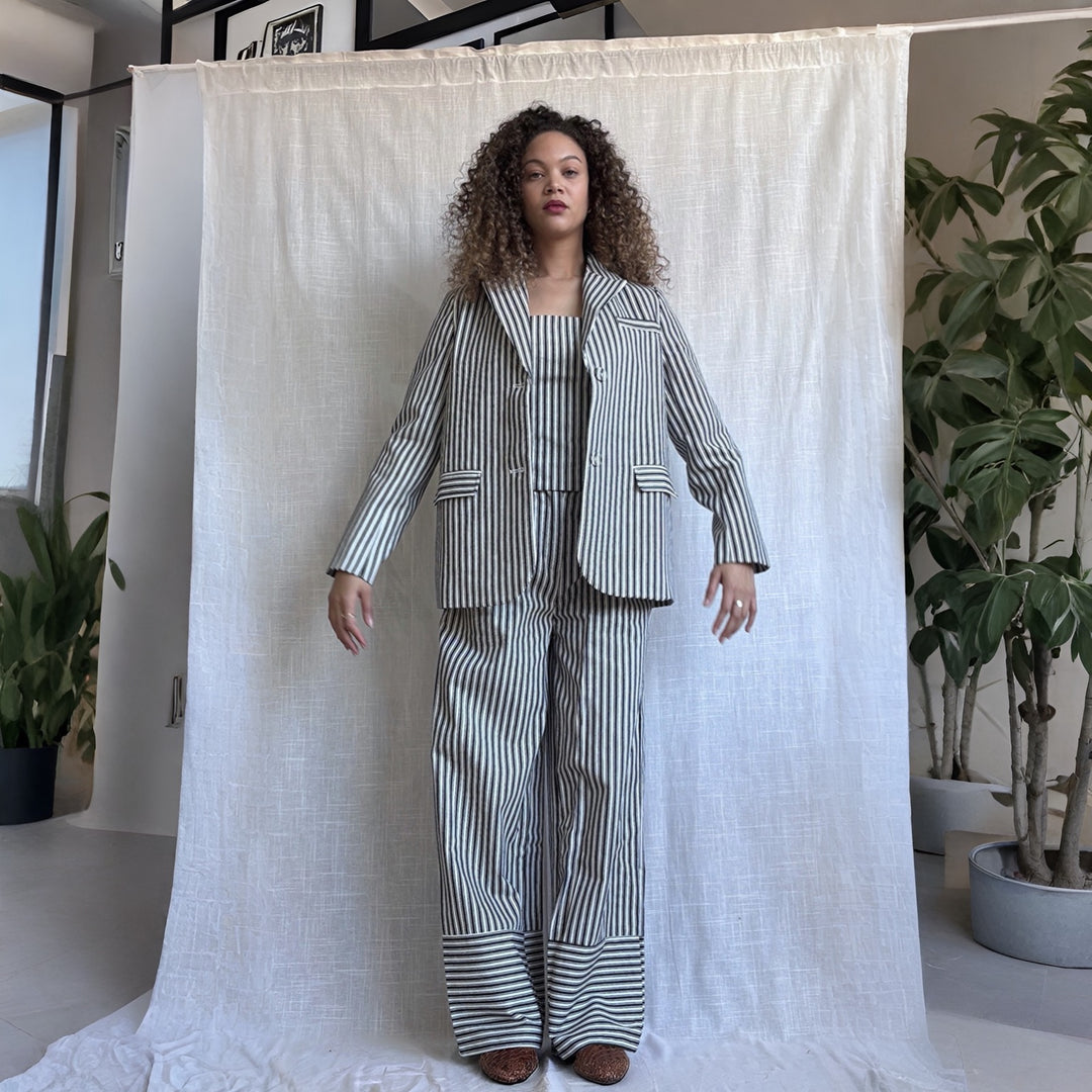 Black White Striped Blazer Trousers Corset And Tote Bag Four Piece Set