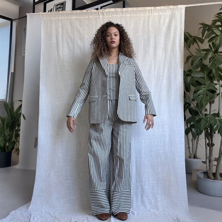 Black White Striped Blazer Trousers Corset And Tote Bag Four Piece Set