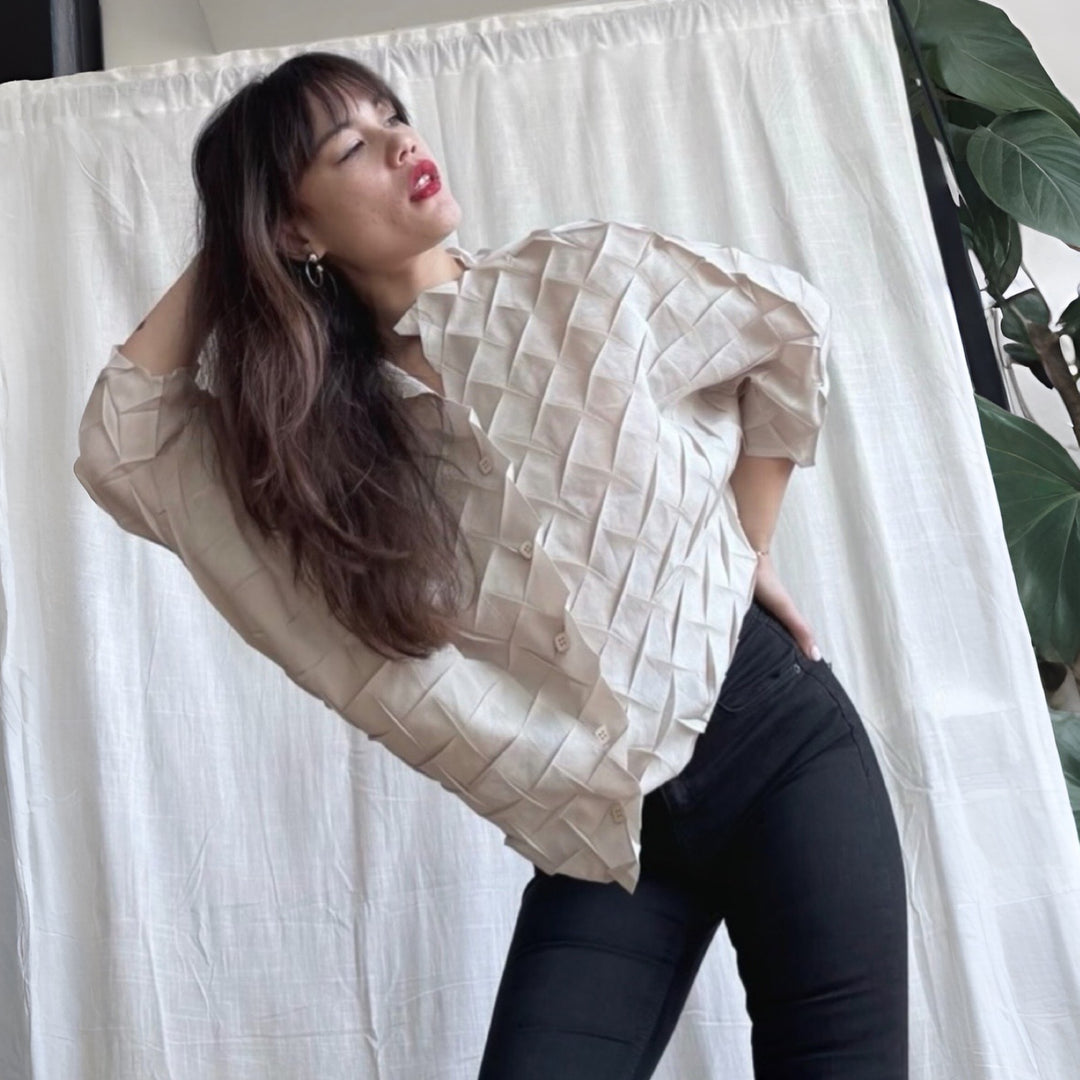 Cream Chevron Pleated Blouse