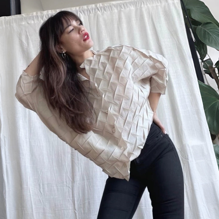 Cream Chevron Pleated Blouse