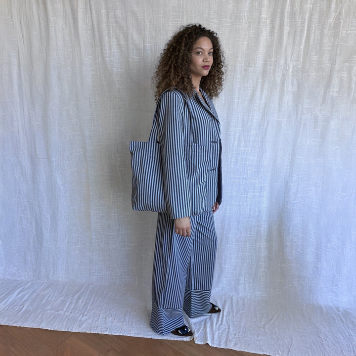 Blue White Striped Blazer Trousers Corset And Tote Bag Four Piece Set