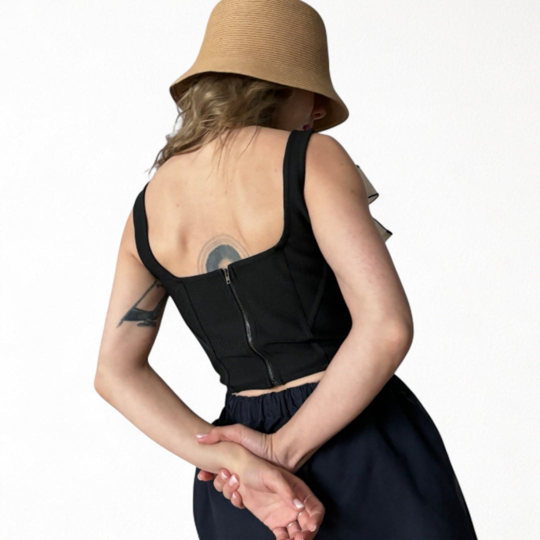 Black rib knit corset top with bows