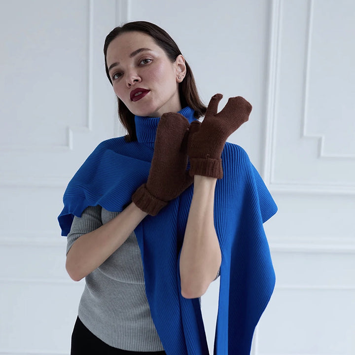 Brown Soft Two Finger Knitted Mitten Gloves