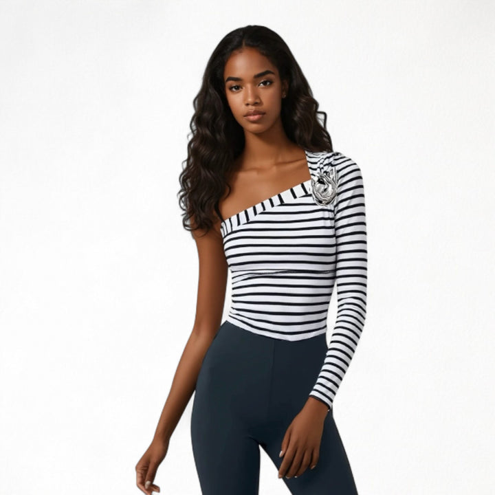 Striped one sleeve top with metal brooch