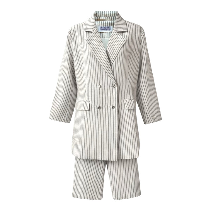 Ivory pin stripe linen double breasted blazer and culottes suit