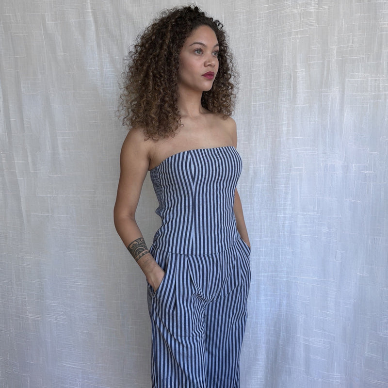 Blue White Striped Blazer Trousers Corset And Tote Bag Four Piece Set
