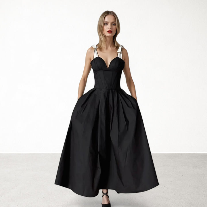 Black corset dress with contrasting trap ties