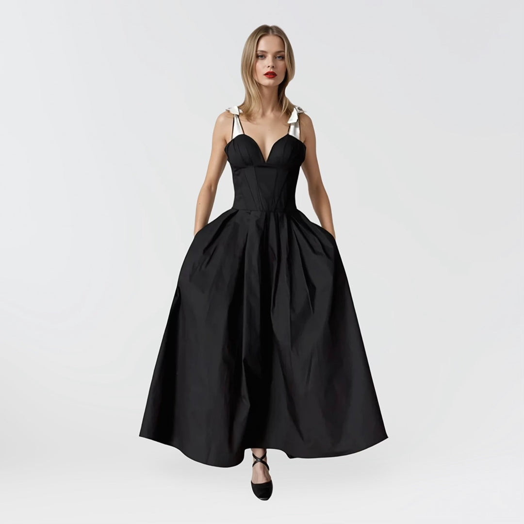 Black corset dress with contrasting trap ties