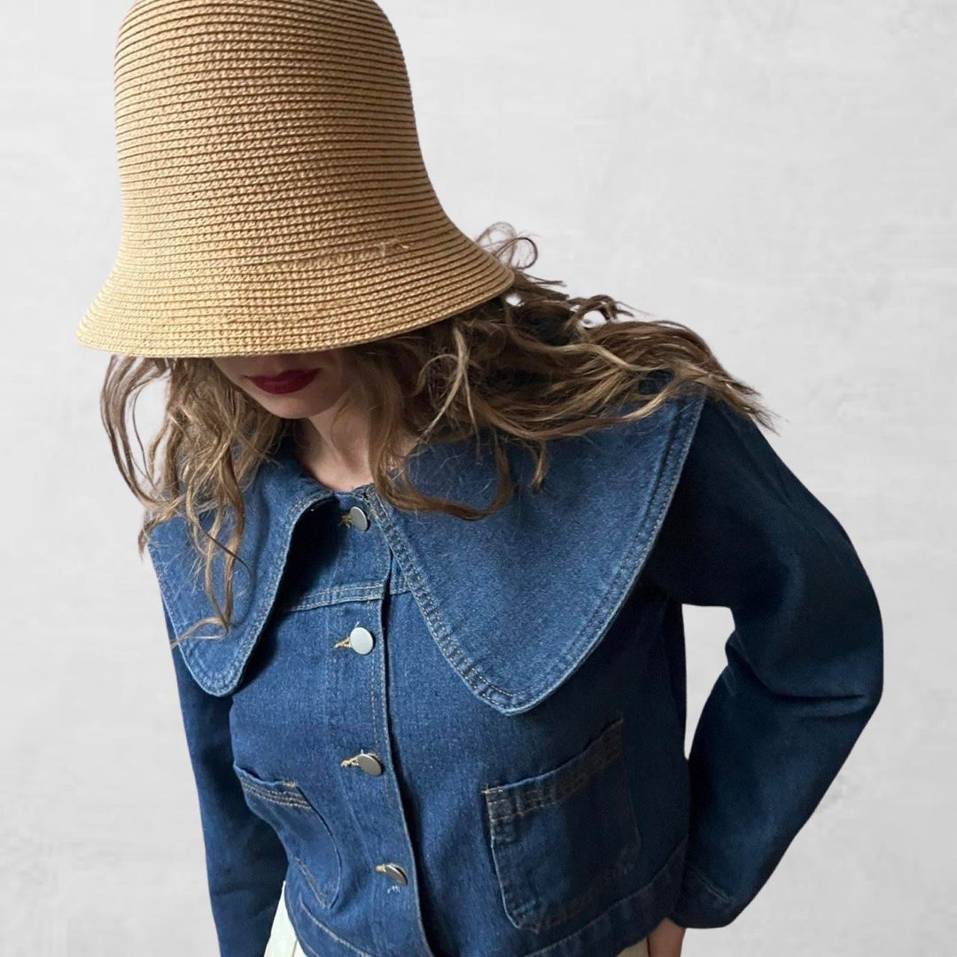 Blue cropped denim jacket with oversize peter pan collar