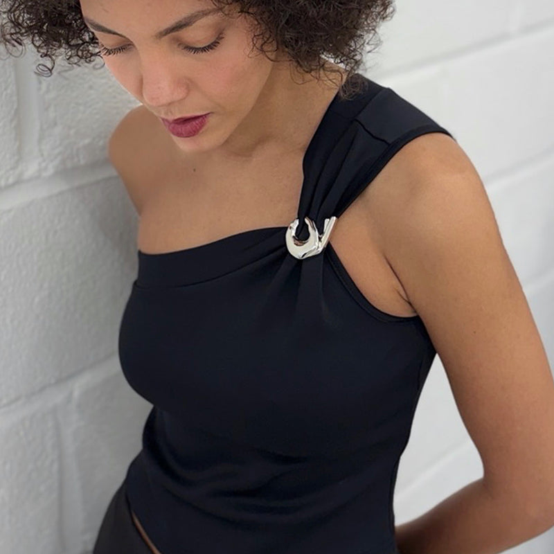 Black One Shoulder Top With Brooch