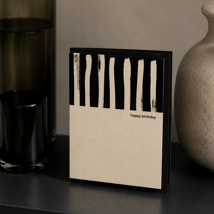 Kinshipped Painted Stripe Black and Cream Happy Birthday Card