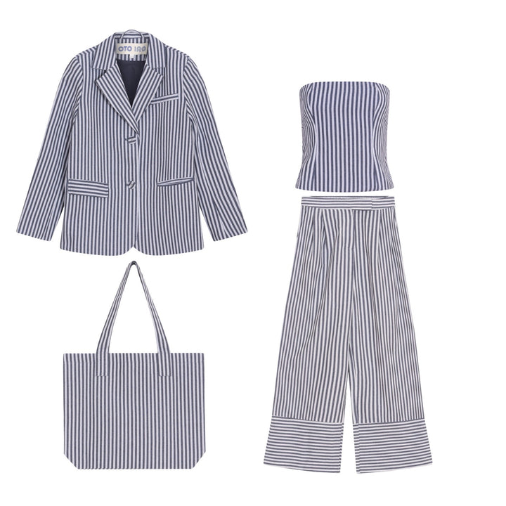 Blue White Striped Blazer Trousers Corset And Tote Bag Four Piece Set