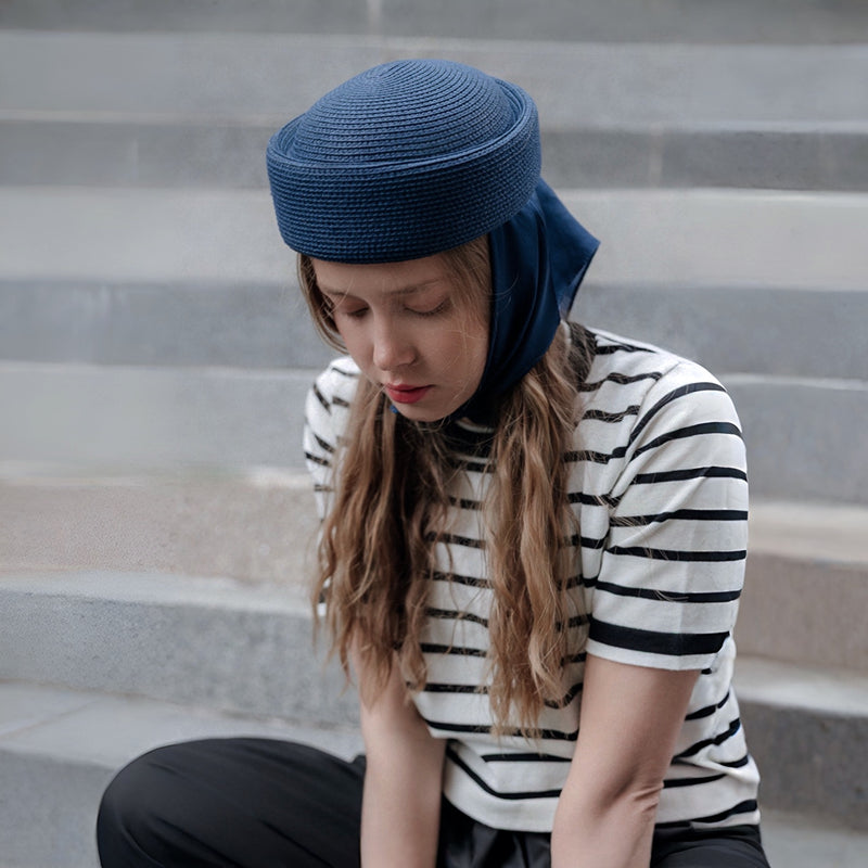 Navy Straw Pillbox Hat