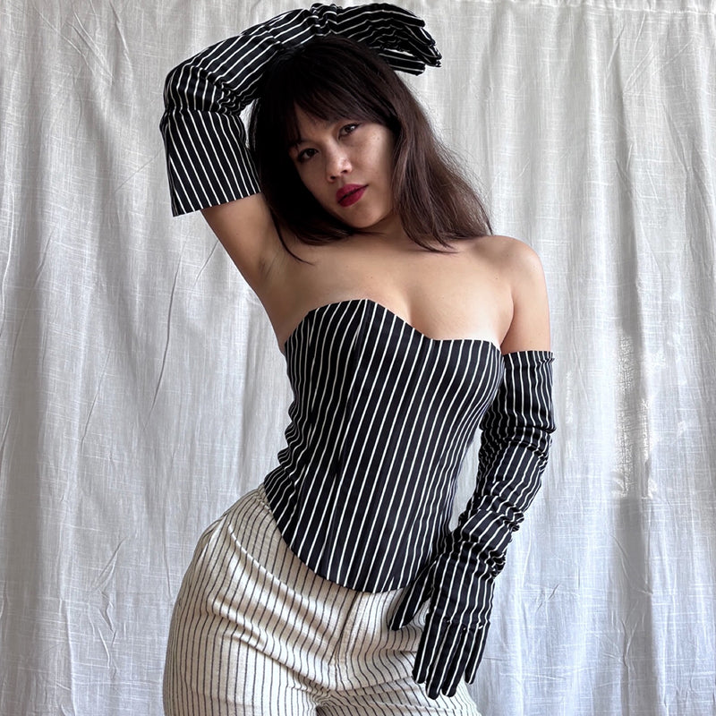 Black Pinstripes Sweetheart Corset With Long Gloves