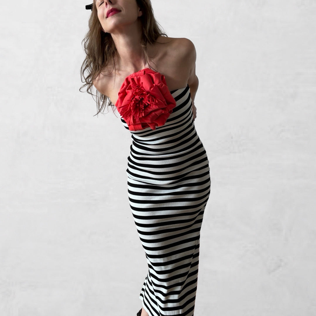 Strapless ribbed striped tube dress with red flower pin