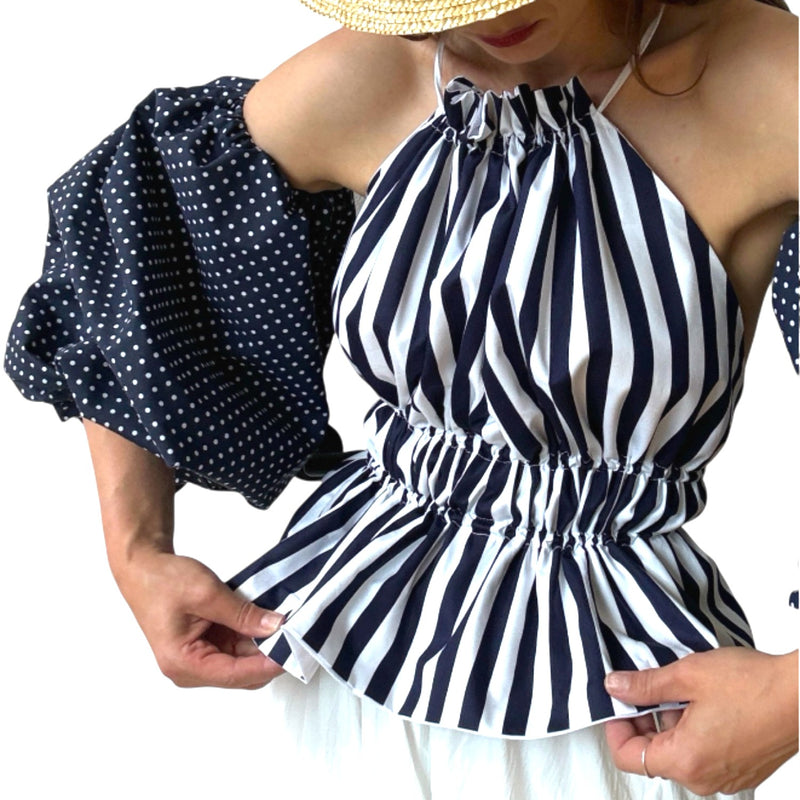 Navy White Striped Halter Top With Balloon Sleeves