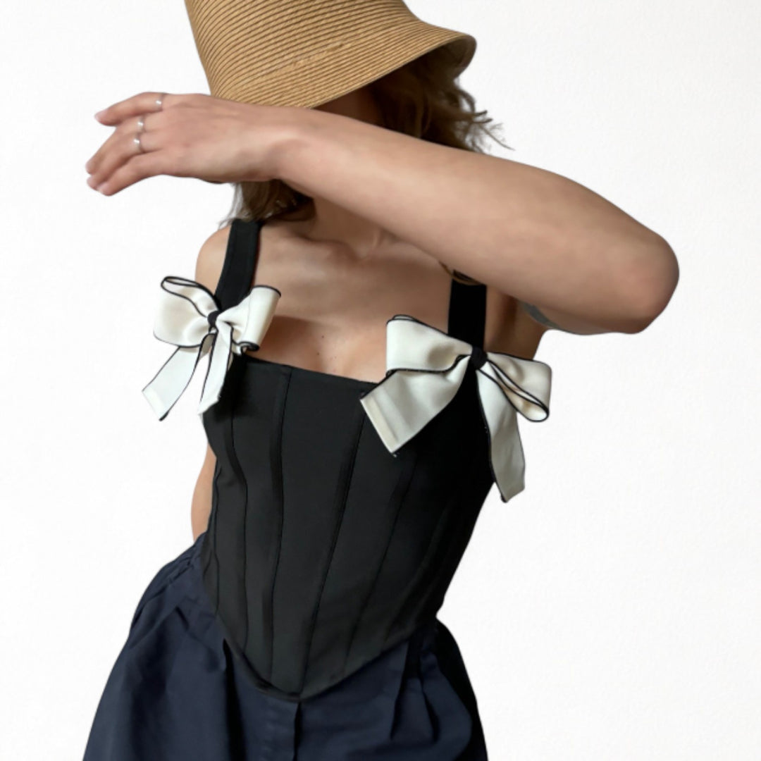 Black rib knit corset top with bows
