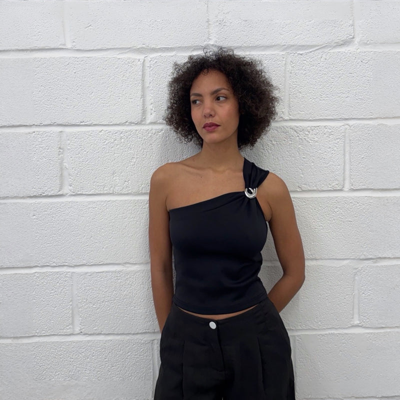 Black One Shoulder Top With Brooch