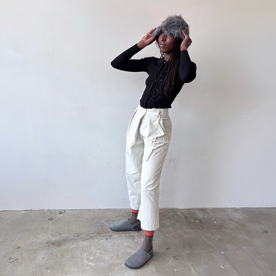 Light grey technical culottes with wrap detail