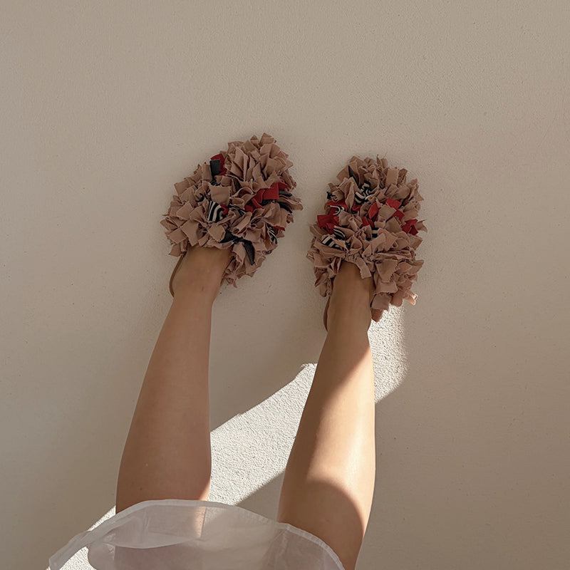 Pom Pom Blush Fabric and Leather Mules Slip On Shoes