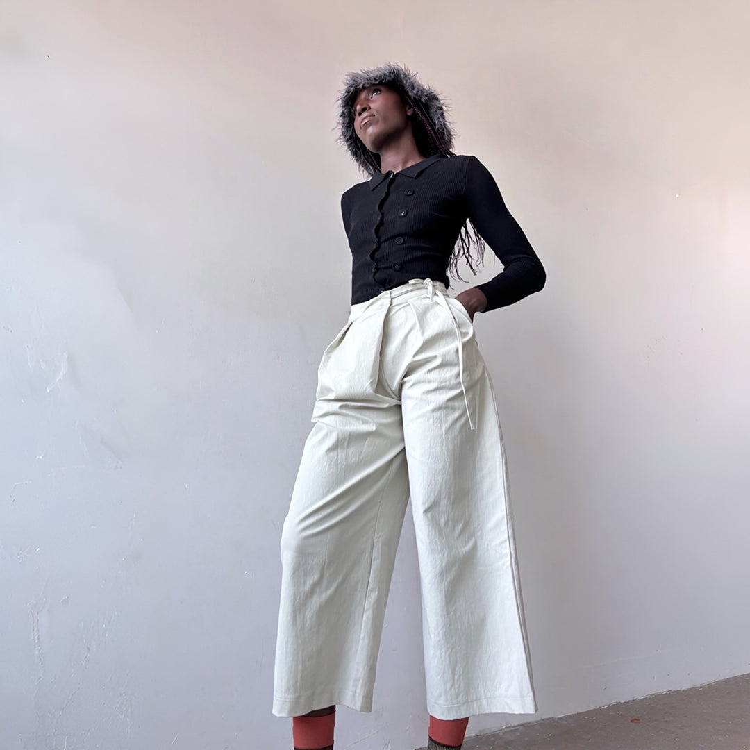 Light grey technical culottes with wrap detail