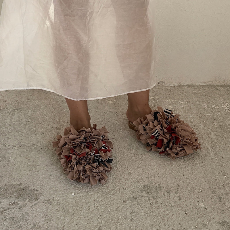 Pom Pom Blush Fabric and Leather Mules Slip On Shoes