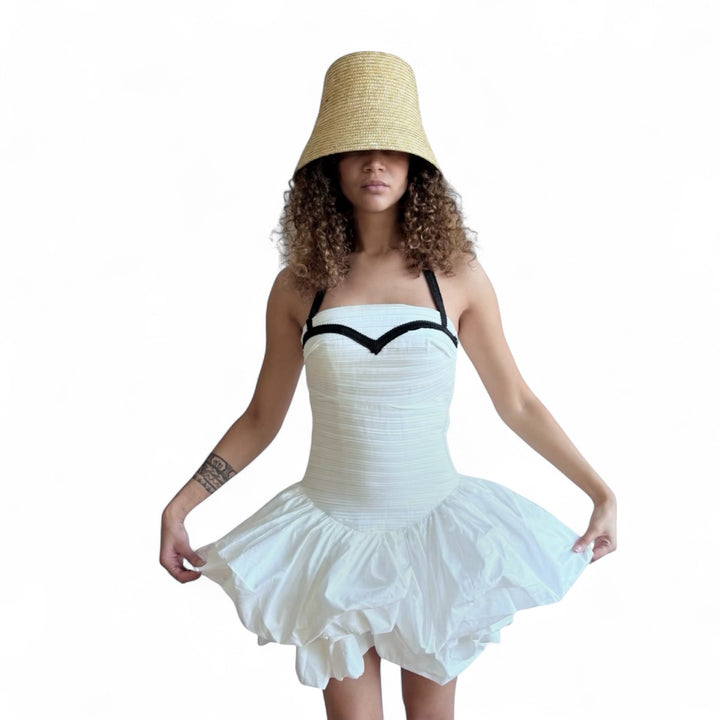 White rushed mini dress with corset top and black application