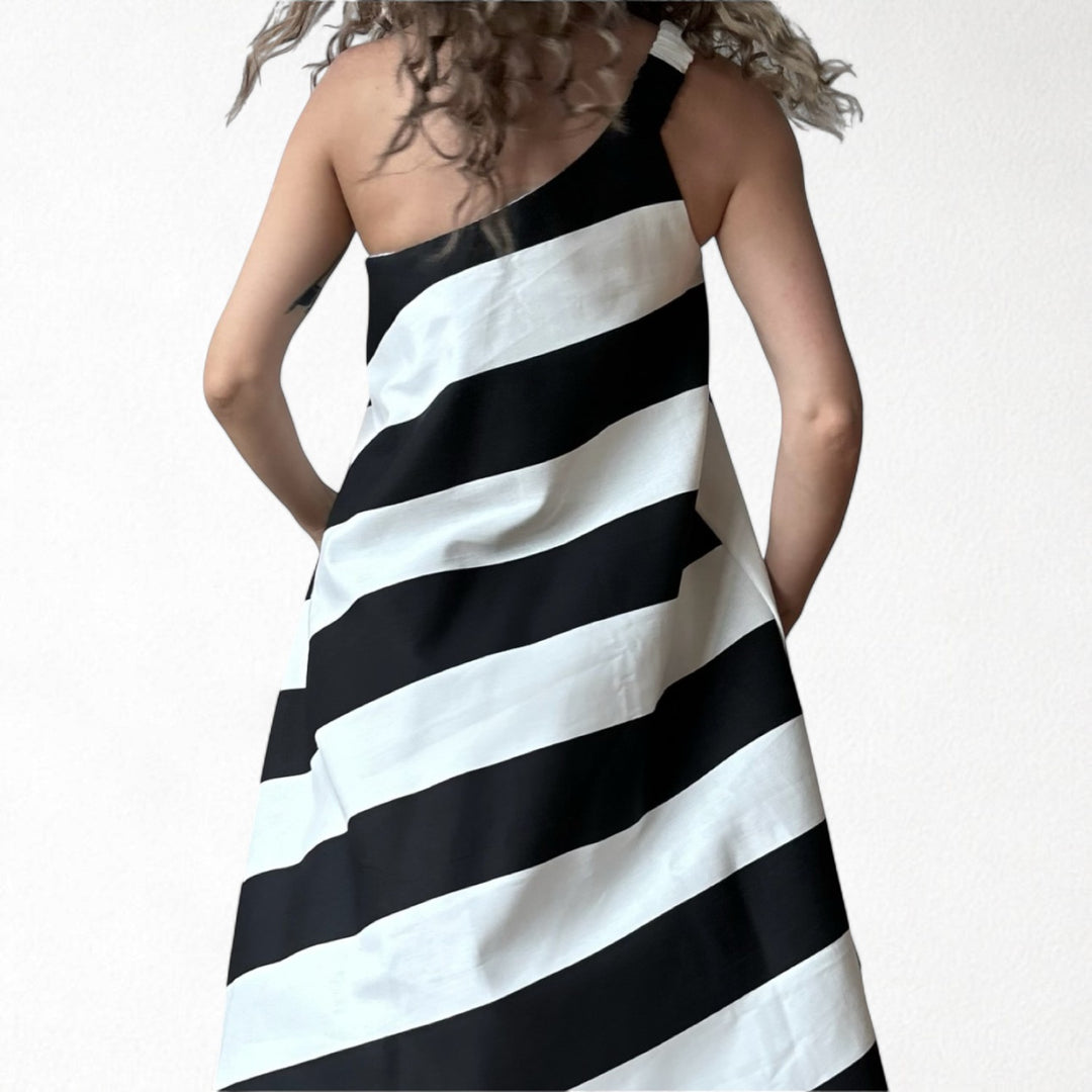 Striped one shoulder A line dress with matching long tie