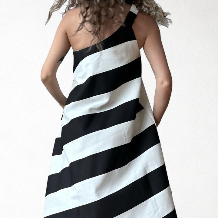 Striped one shoulder A line dress with matching long tie