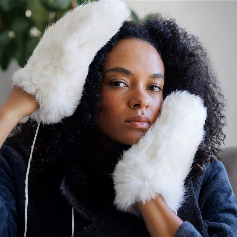 White Fur Mittens With Cord