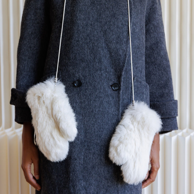 White Fur Mittens With Cord